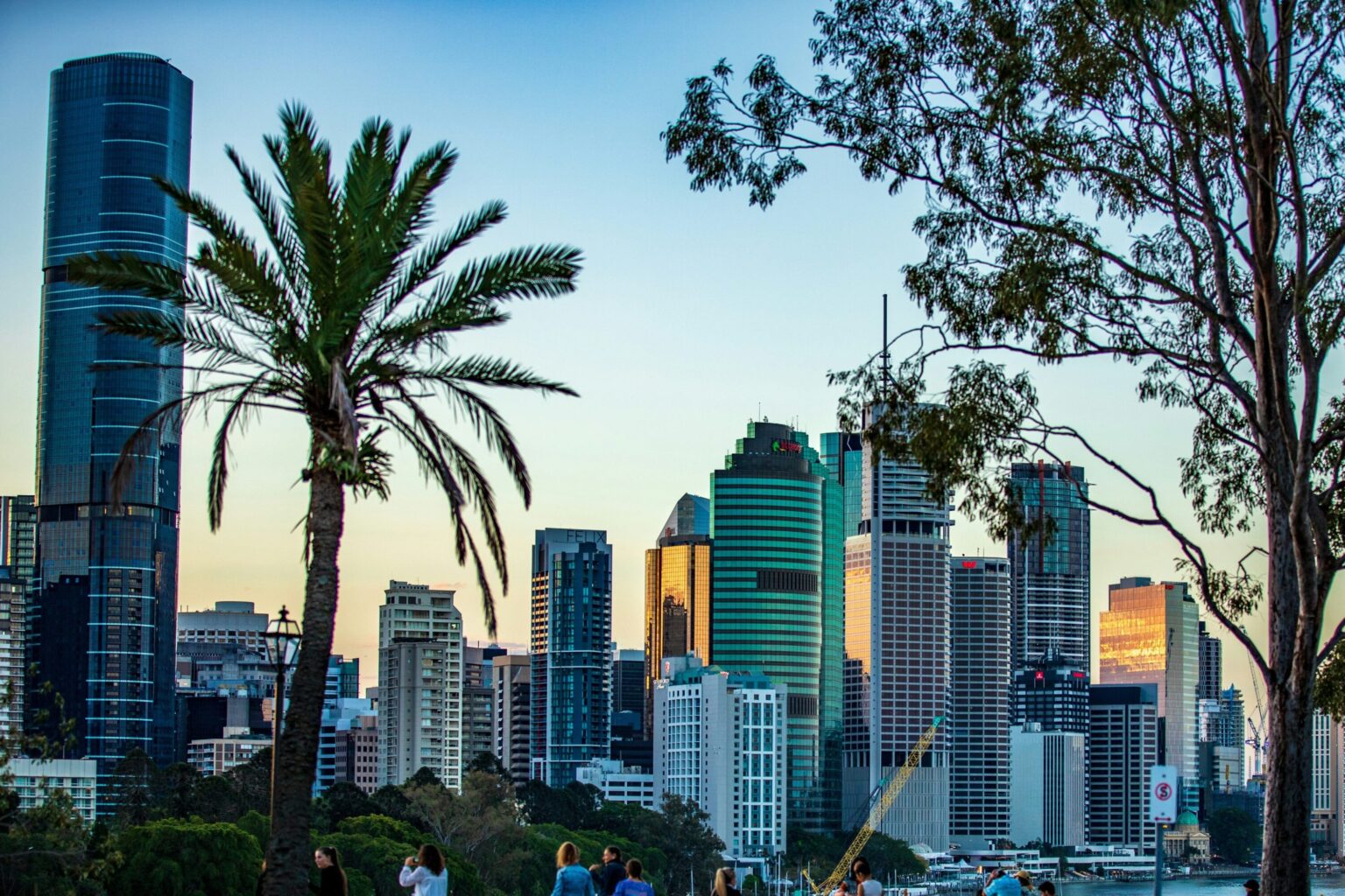ヤシの木の向こうに広がるブリスベンの高層ビル街