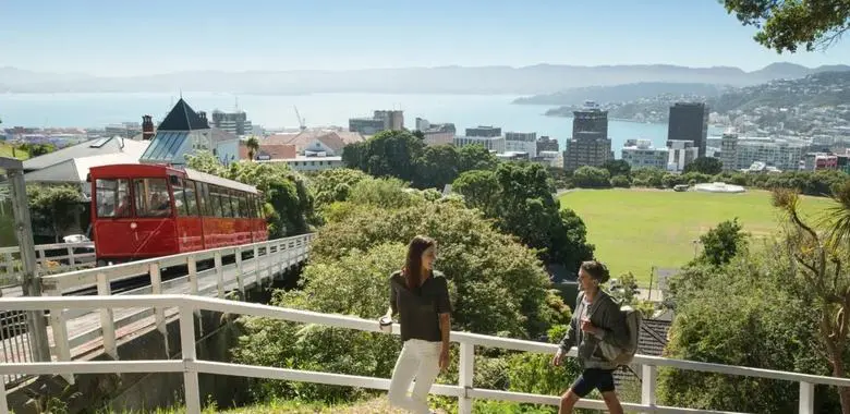 ウェリントンのケーブルカーと展望台から見た港と市街地